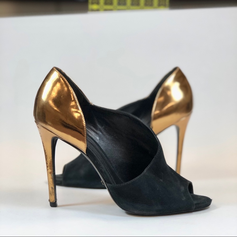 Schutz black and bronze cut out peep toe heels